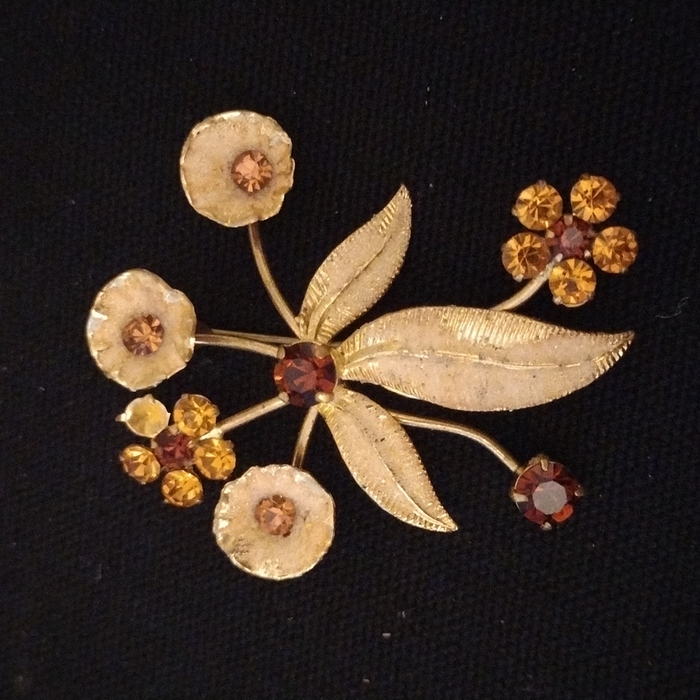 Vintage Austria Gold Tone Brown & Yellow Rhinestone Flower Brooch